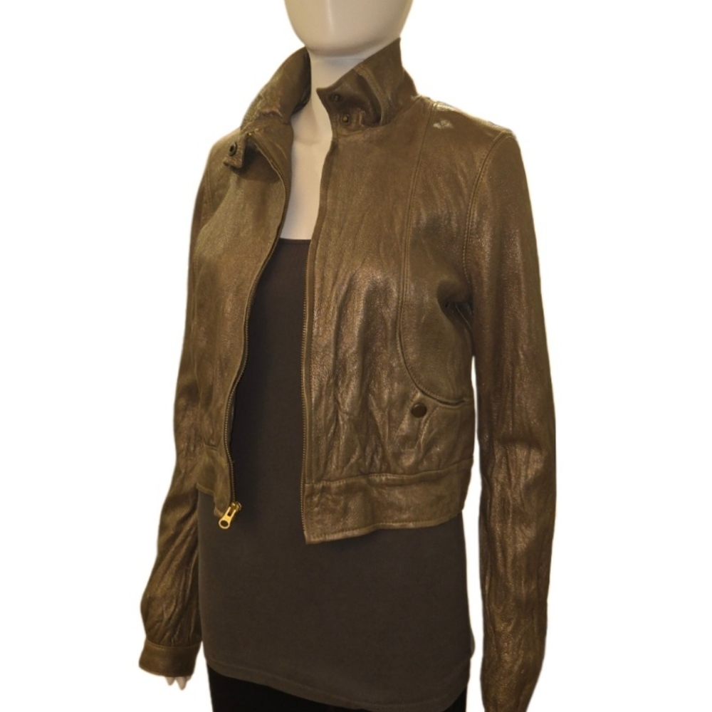 MIKE & CHRIS "Dickson" Crop Leather Metallic "Pewter Dust" Zip Jacket M RARE NWT